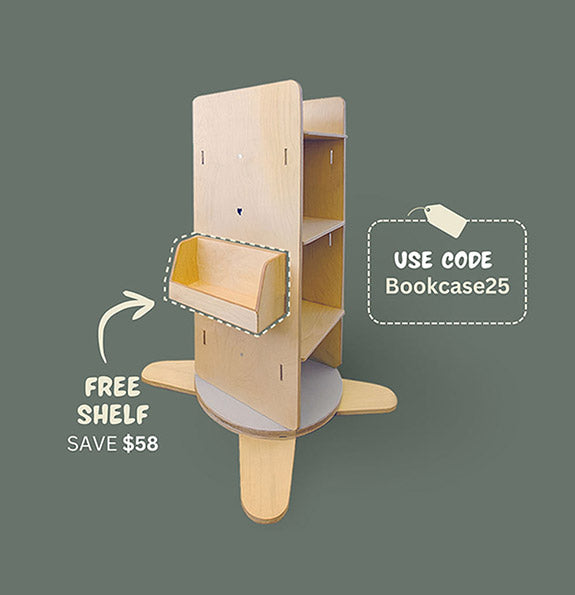 Rotating wooden bookshelf with modular bookshelf on a dark green background. Text offers free shelf when code Bookcase25 is used 