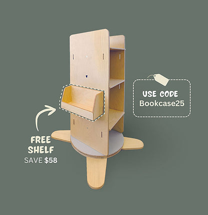 Rotating wooden bookshelf with modular bookshelf on a dark green background. Text offers free shelf when code Bookcase25 is used 