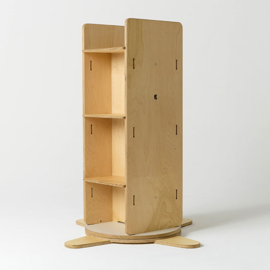 Wooden rotating bookshelf with a PlaySystems logo on a white background